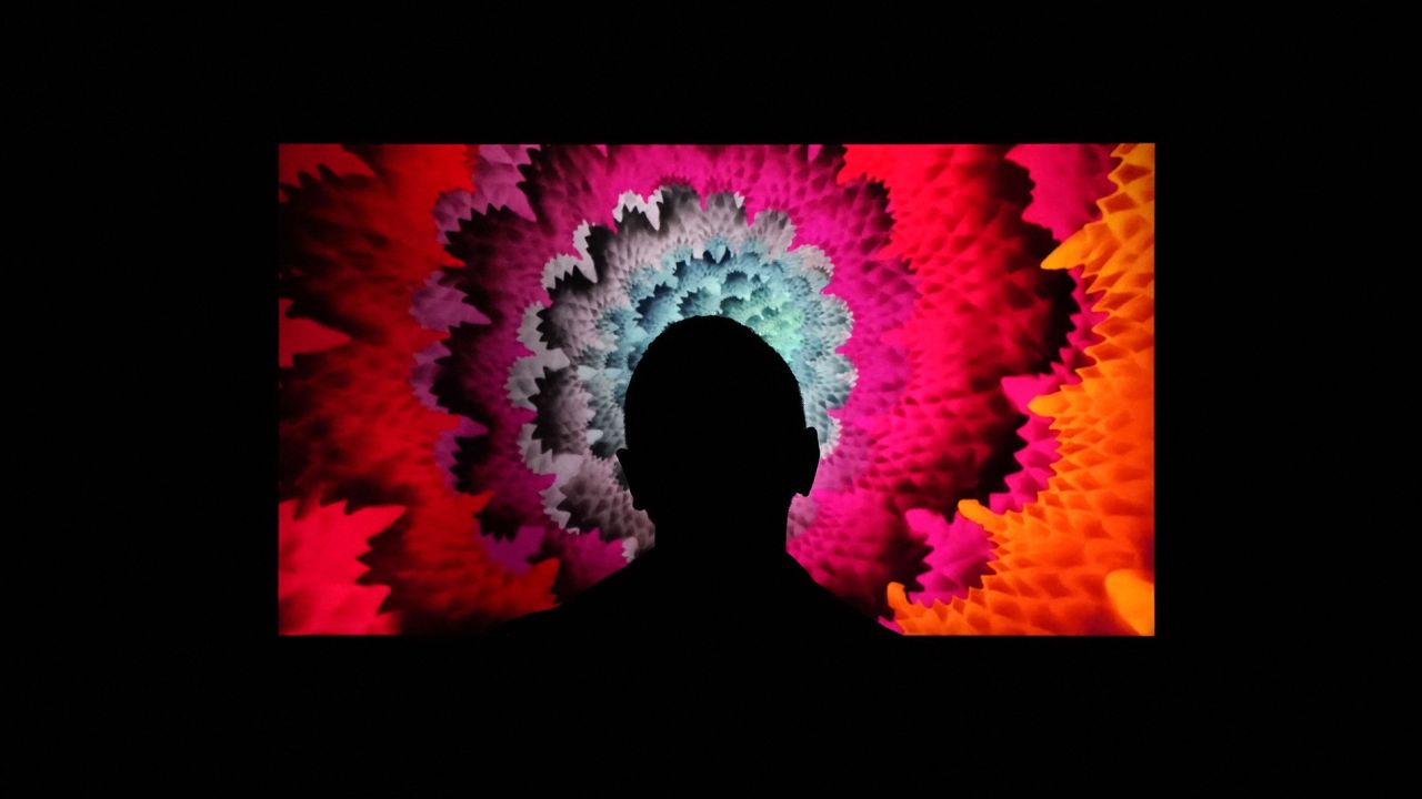 A person looks at a piece by Hoxxoh during a press preview on March 25, 2021 of the grand opening of Superchief Gallery NFT, a physical gallery dedicated exclusively to NFT (non-fungible tokens) artwork in New York. The gallery opened with the "Season One Starter Pack" exhibition, featuring a daily rotation of art installations displayed on high resolution 4K screens. 