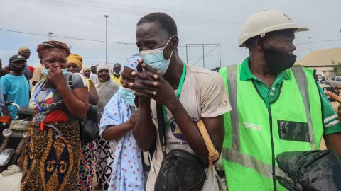 An internally displaced man gestures as he arrives in Pemba on April 1, 2021.