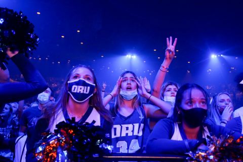 Oral Roberts fans attend a watch party in Tulsa, Oklahoma, as the university's basketball team played an <a href="http://www.cnn.com/2021/03/18/us/gallery/march-madness-2021/index.html" target="_blank">NCAA Tournament</a> game on Saturday, March 27. The Golden Eagles, who upset Ohio State and Florida earlier in the tournament, lost to Arkansas in the Sweet Sixteen.