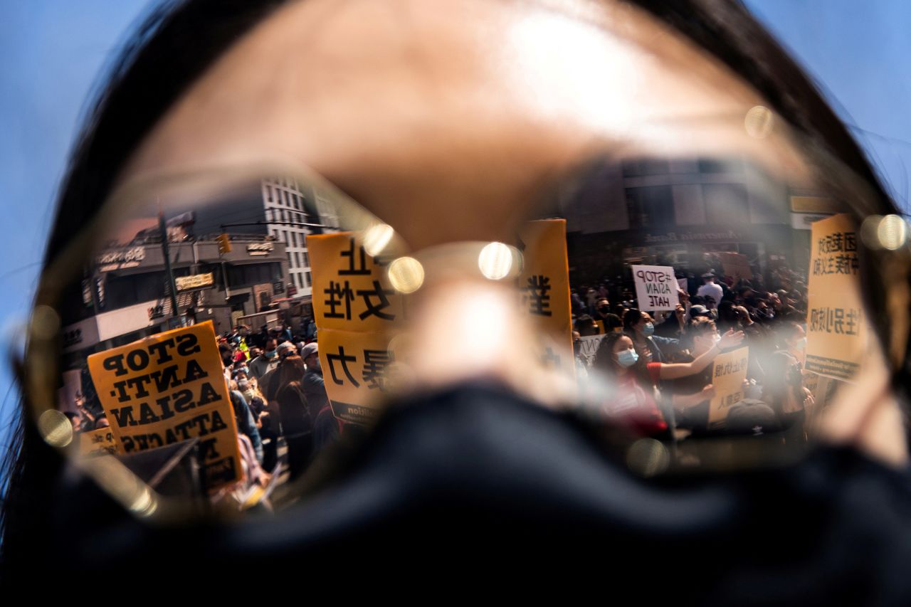 Protesters are reflected on sunglasses in New York City on Saturday, March 27. It was a National Day of Action to combat <a href="https://www.cnn.com/2021/04/01/us/asian-americans-attacks/index.html" target="_blank">anti-Asian violence.</a>