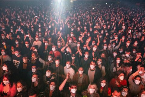 People in Barcelona, Spain, attend a concert for the rock group Love of Lesbian on March 27. Fans had to take a same-day Covid-19 test before attending the show, which was permitted by Spanish health authorities.