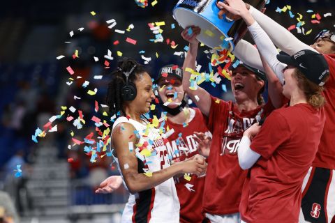 Stanford basketball players dump confetti on Kiana Williams after their NCAA Tournament win over Louisville on Tuesday. The win clinched a Final Four berth for Stanford, the No. 1 overall seed in the tournament. <a href="https://www.cnn.com/2021/03/24/us/gallery/ncaa-womens-basketball-tournament-2021/index.html" target="_blank">See the best photos from the tournament</a>
