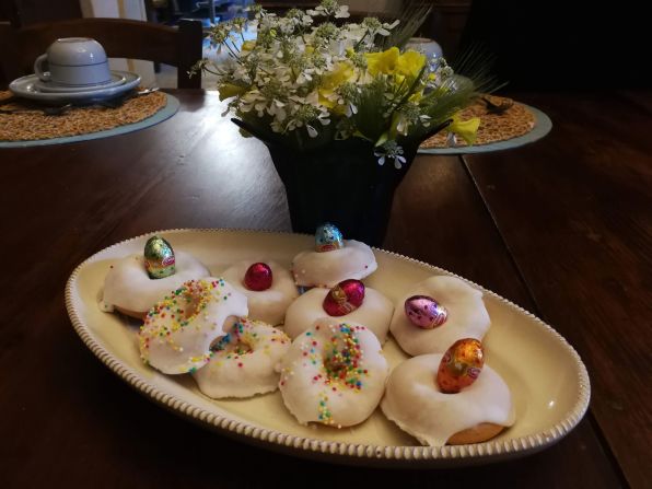 These Easter cookies are from Puglia, a southern region of Italy. These treats are topped with chocolate eggs, which are very popular in Italy. Chocolate eggs come in all sizes, each with a small gift inside. Artisan chocolate makers will even put a custom gift inside for you. 