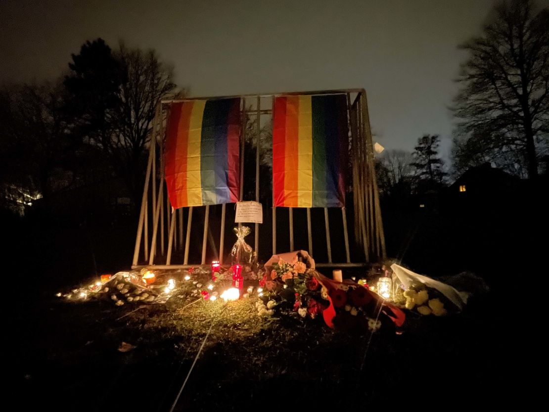 Candles and rainbow flags at the park where the body of David P. was found 