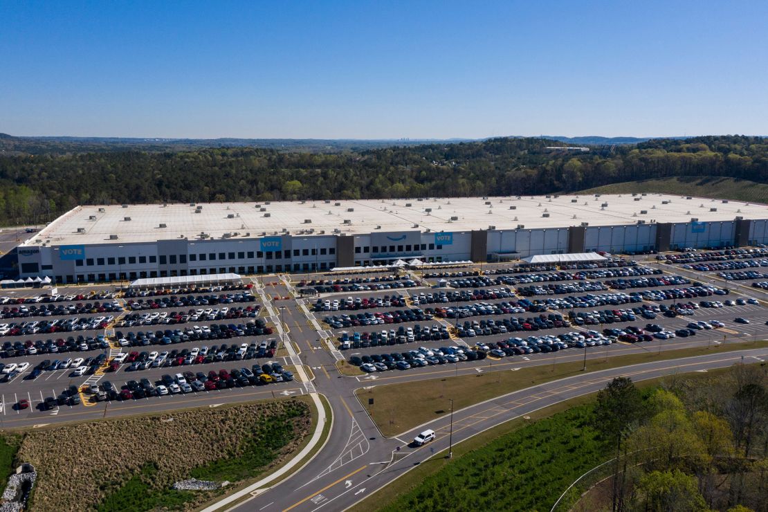 An aerial image shows the Amazon.com, Inc. BHM1 fulfillment center on March 29, 2021 in Bessemer, Alabama.