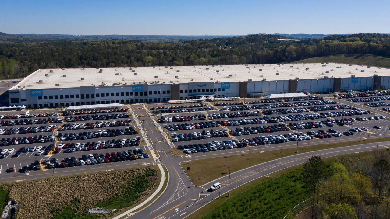 An aerial image shows the Amazon.com, Inc. BHM1 fulfillment center on March 29, 2021 in Bessemer, Alabama.
