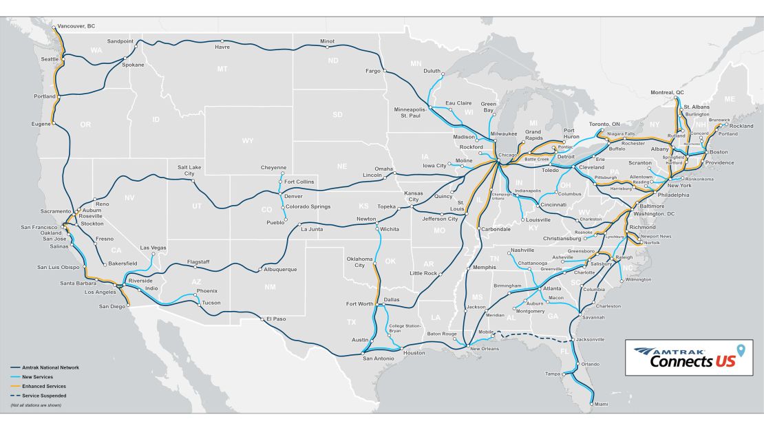 Map of Amtrak's vision to grow rail service across the United States