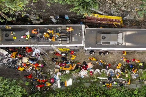 An aerial view shows rescuers working at the site on Friday.