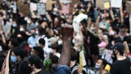 TOPSHOT - Protesters demonstrate on June 2, 2020, during a "Black Lives Matter" protest in New York City. - Anti-racism protests have put several US cities under curfew to suppress rioting, following the death of George Floyd while in police custody. (Photo by Johannes EISELE / AFP) (Photo by JOHANNES EISELE/AFP via Getty Images)
