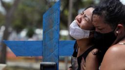 Kelvia Andrea Goncalves, 16, is supported by her aunt Vanderleia dos Reis Brasao, 37, as she reacts during the burial of her mother Andrea dos Reis Brasao, 39, who passed away due to the coronavirus disease (COVID-19) at Delphina Aziz hospital, at the Parque Taruma cemetery in Manaus, Brazil, January 17, 2021. REUTERS/Bruno Kelly     TPX IMAGES OF THE DAY