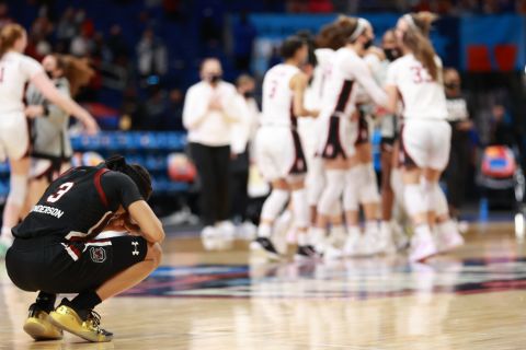 South Carolina point guard Destanni Henderson reacts after the loss to Stanford.