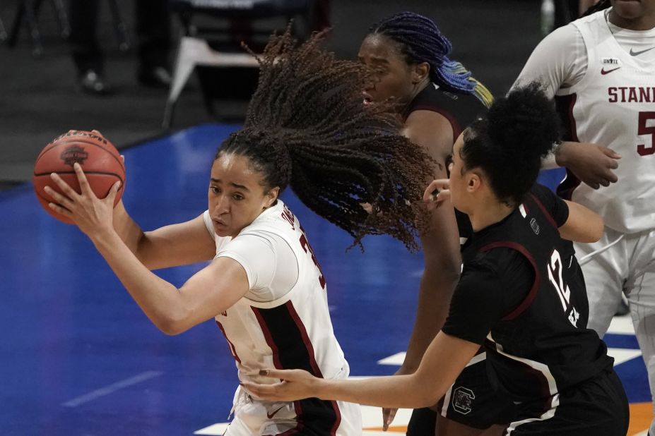 Stanford guard Haley Jones grabs a rebound in the second half. She scored 24 points, including the go-ahead basket in the final minute.