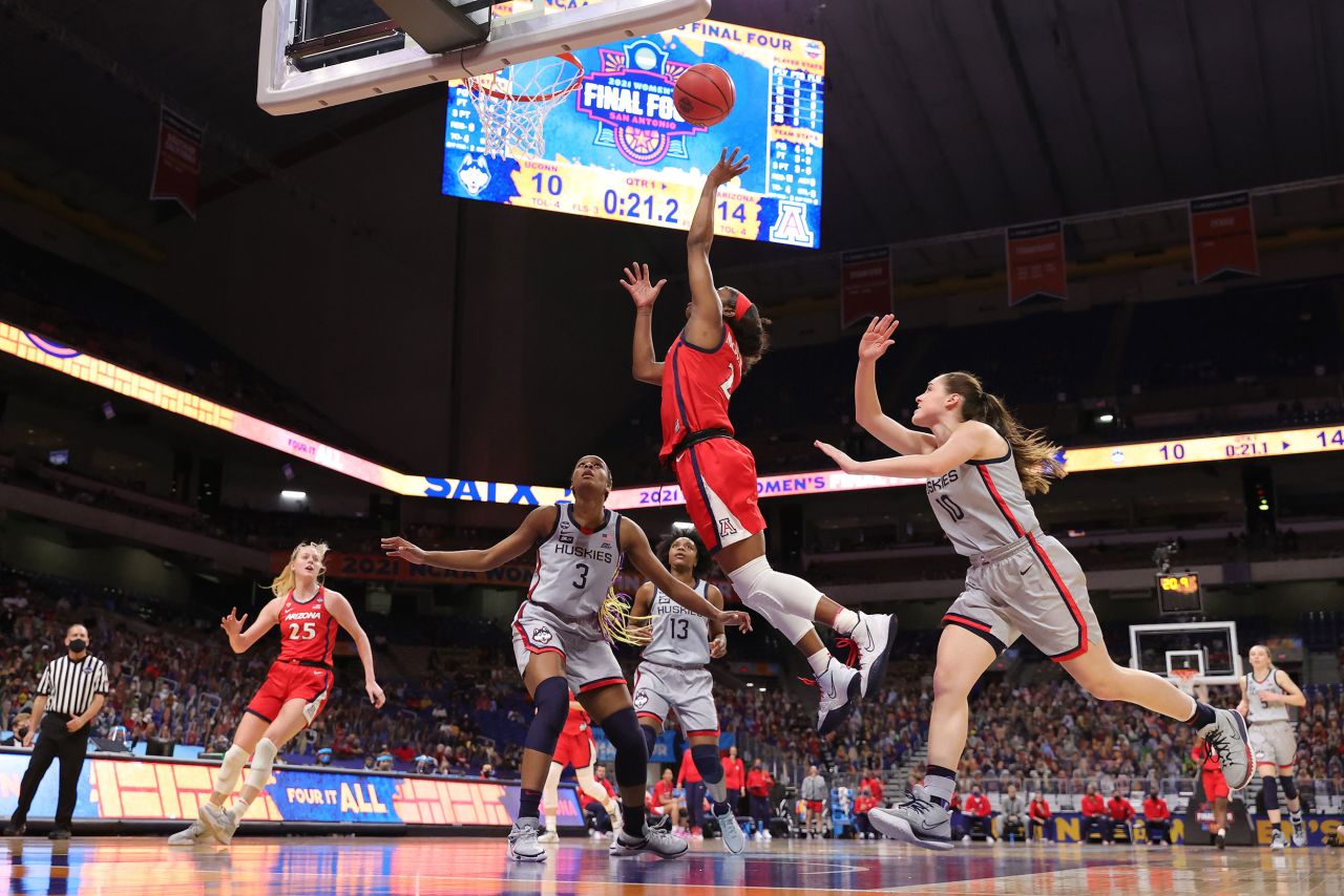 Arizona's Aari McDonald shoots a layup during the first quarter Friday. She finished with a game-high 26 points against UConn.