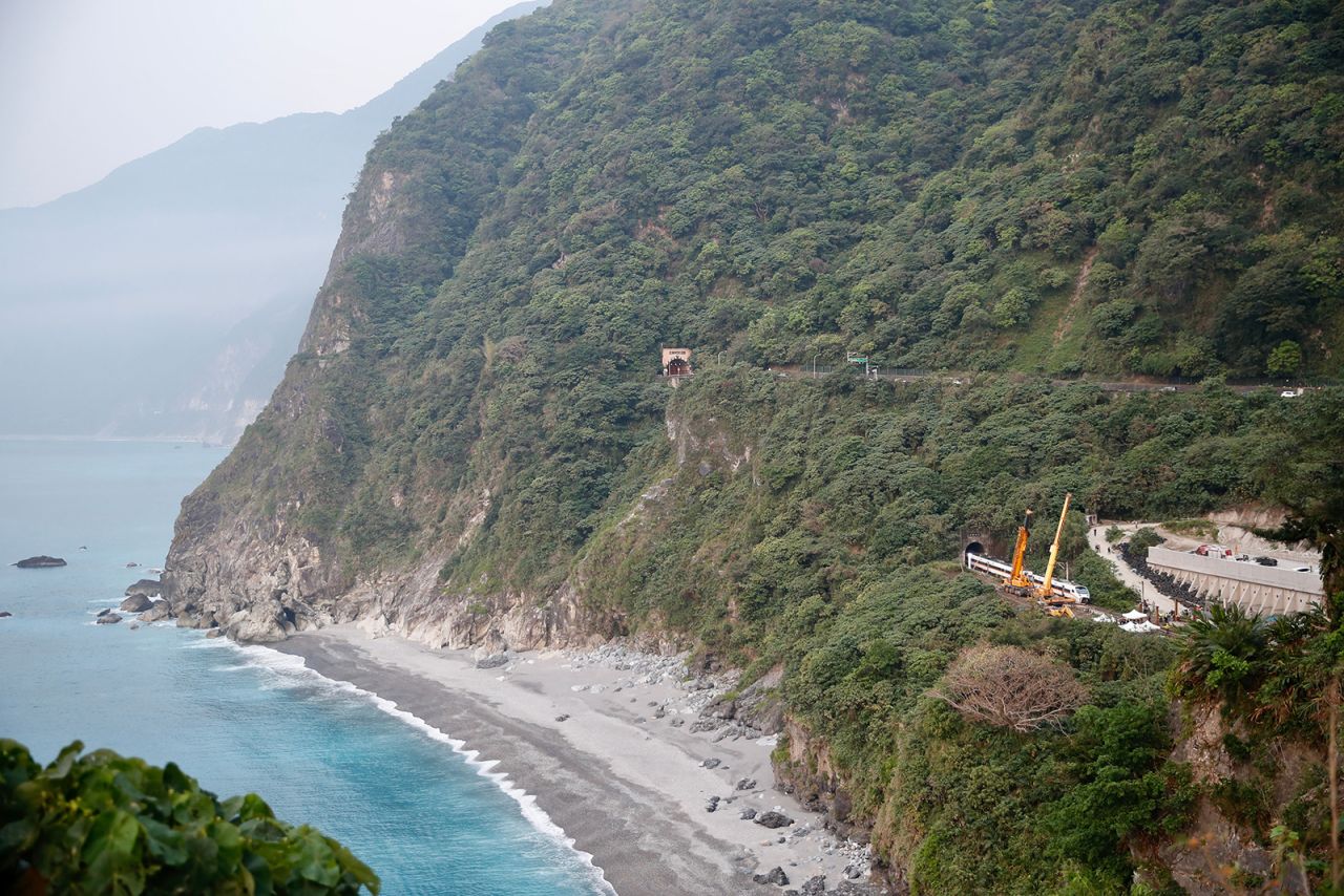 A wide view of the crash site shows the mountains of Hualien County.