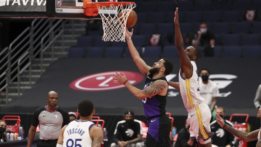 Fred VanVleet #23 of the Toronto Raptors drives to the basket during the game against the Golden State Warriors on April 2, 2021 at Amalie Arena in Tampa, Florida.