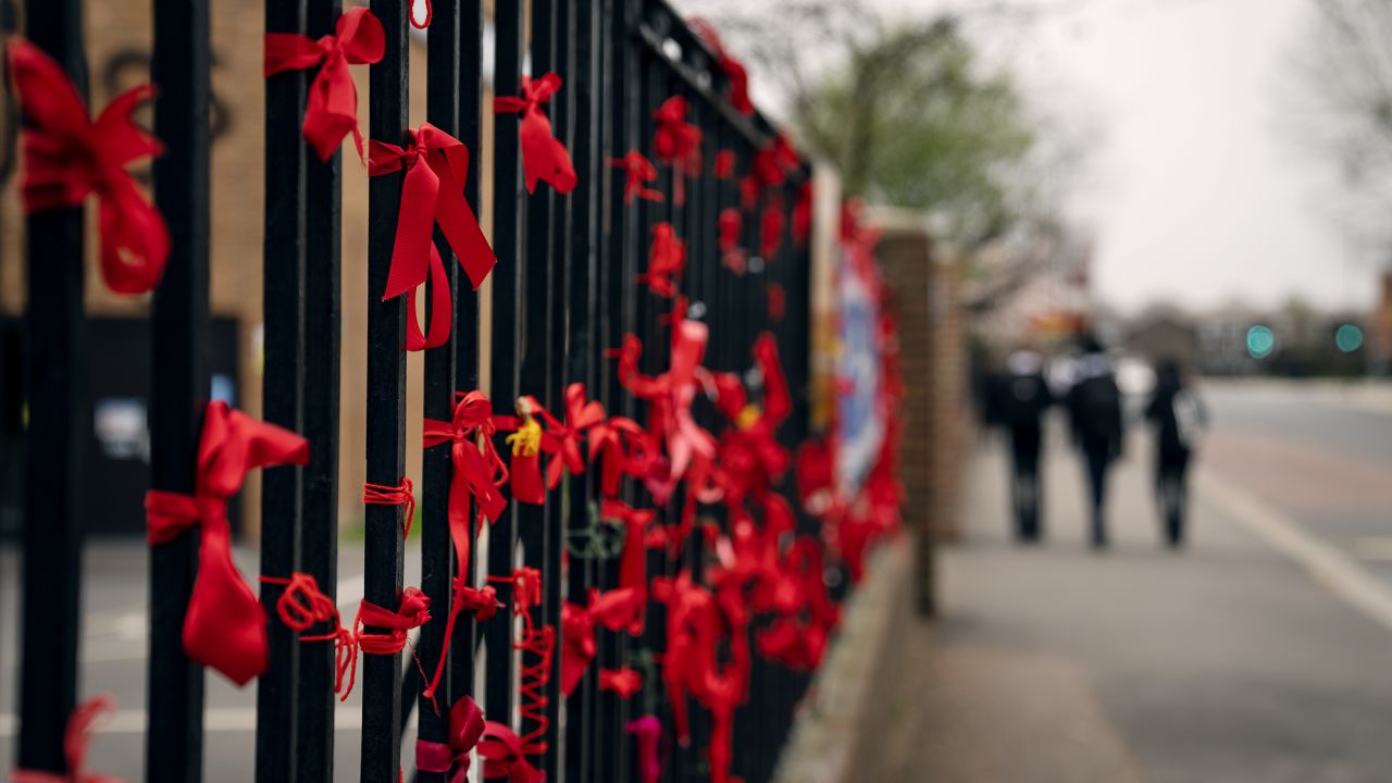 Ribbons tied to the gates of James Allen's Girls' School, the sister school of Dulwich College.