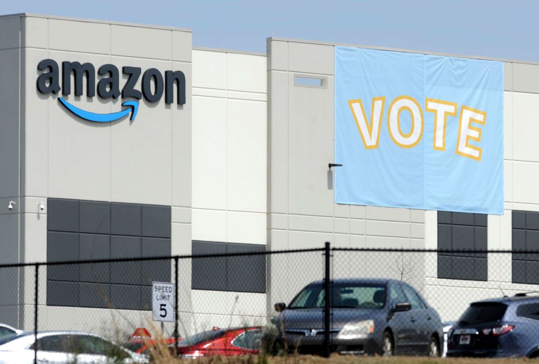 A banner encouraging workers to vote in labor balloting is shown at an Amazon warehouse in Bessemer, Alabama.  