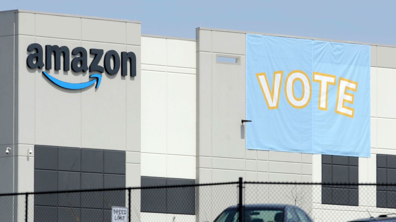 A banner encouraging workers to vote in labor balloting is shown at an Amazon warehouse in Bessemer, Alabama.