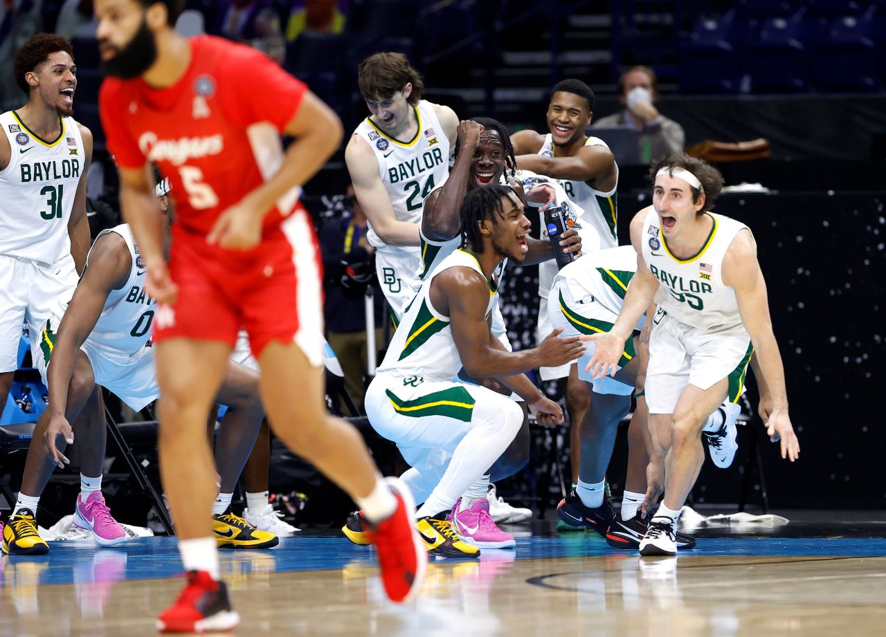 Baylor players celebrate a late basket in their blowout win over Houston in the Final Four.