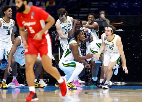 Baylor players celebrate a late basket in their blowout win over Houston in the Final Four.