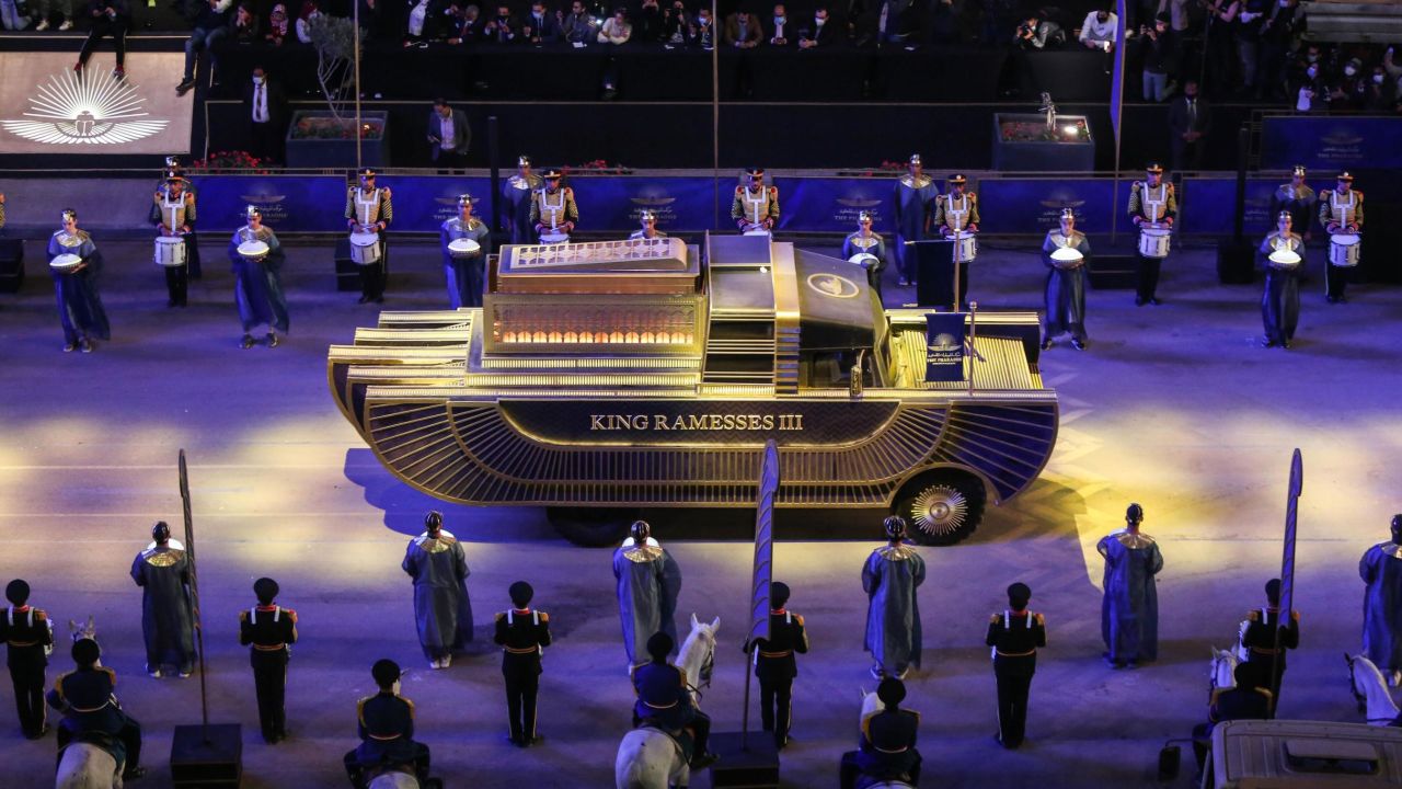 A specially designed vehicle transports the mummy of King Ramesses III in a convoy from the Egyptian Museum in Tahrir Square to the new National Museum of Egyptian Civilization during The Pharaohs' Golden Parade on April 03, 2021, in Cairo, Egypt.