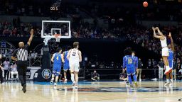 INDIANAPOLIS, INDIANA - APRIL 03: Jalen Suggs #1 of the Gonzaga Bulldogs shoots a game-winning three point basket in overtime to defeat the UCLA Bruins 93-90 during the 2021 NCAA Final Four semifinal at Lucas Oil Stadium on April 03, 2021 in Indianapolis, Indiana. (Photo by Tim Nwachukwu/Getty Images)