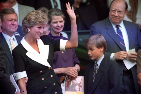 Accompanied by Prince William, Princess Diana arrives at Wimbledon before the start of the women's singles final in 1994.