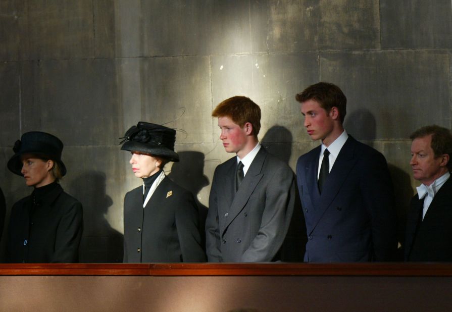 Members of the royal family stand vigil besides the Queen Mother's coffin in 2002. Prince William, right, stands alongside Prince Harry, Princess Anne and Sophie of Wessex.