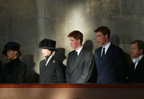 The royal family stand vigil besides the Queen Mother's coffin at Westminster Hall on April 8, 2002. Prince William, right, stands alongside Prince Harry, Princess Anne and Sophie of Wessex.