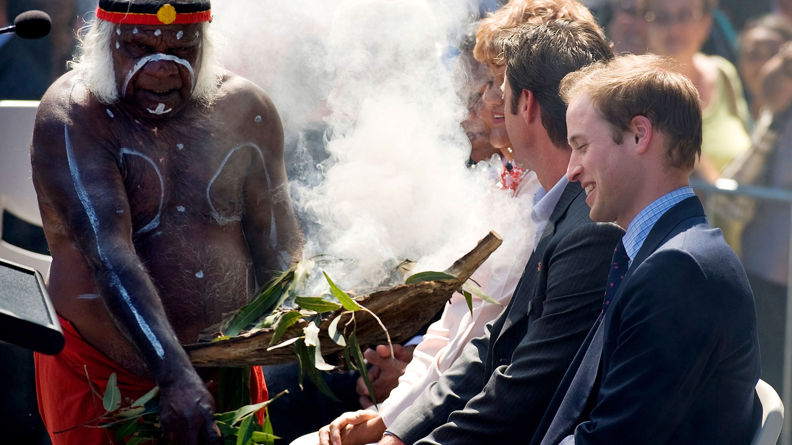 During an official overseas visit in 2010, Prince William is welcomed to Sydney with a traditional smoke ceremony.