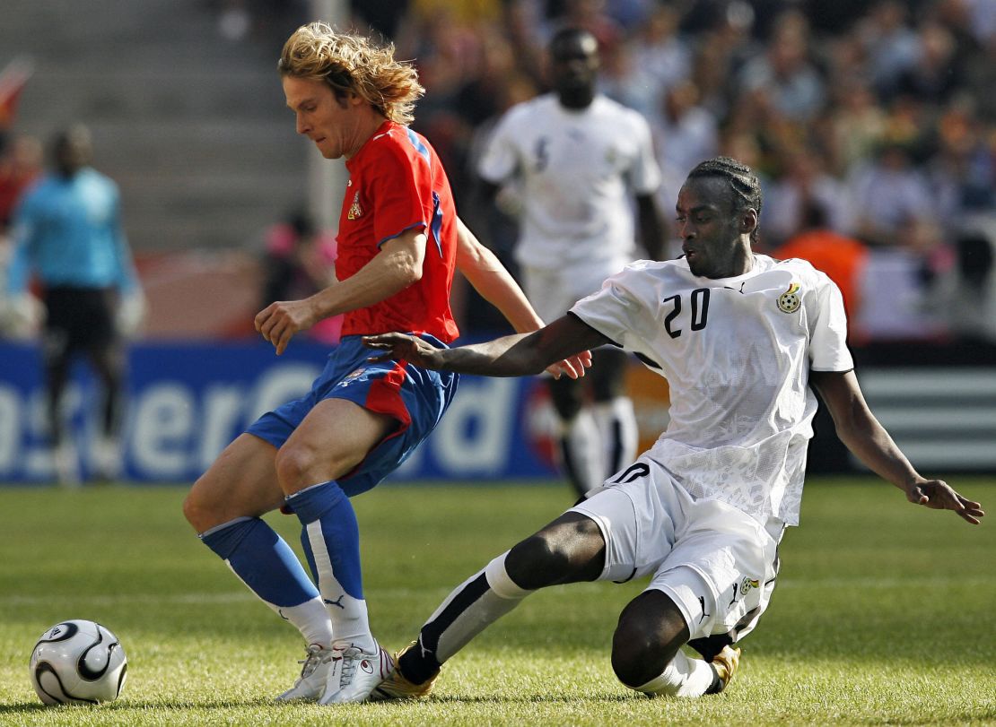 Otto Addo vies for the ball with the Czech Republic's Pavel Nedved at the 2006 World Cup.