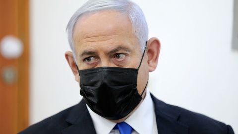 Netanyahu attends Monday's hearing at the Jerusalem district court.