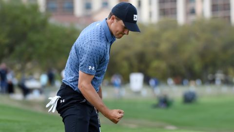 Spieth reacts to sinking his birdie putt on the 17th at the Valero Texas Open.