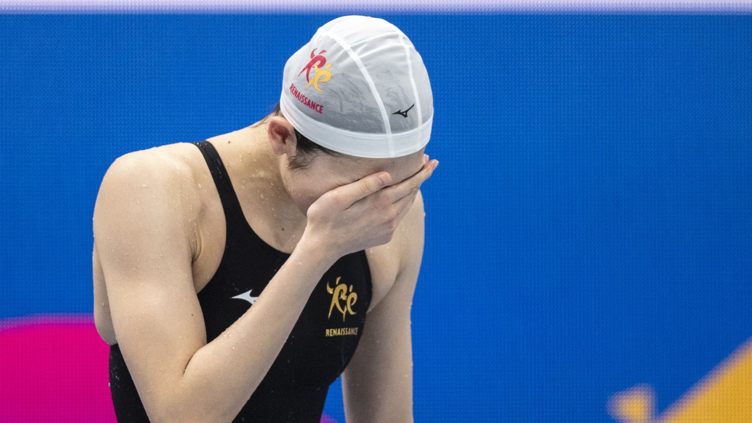 Rikako Ikee reacts to winning the 100m butterfly final at the Japan national swimming championships.