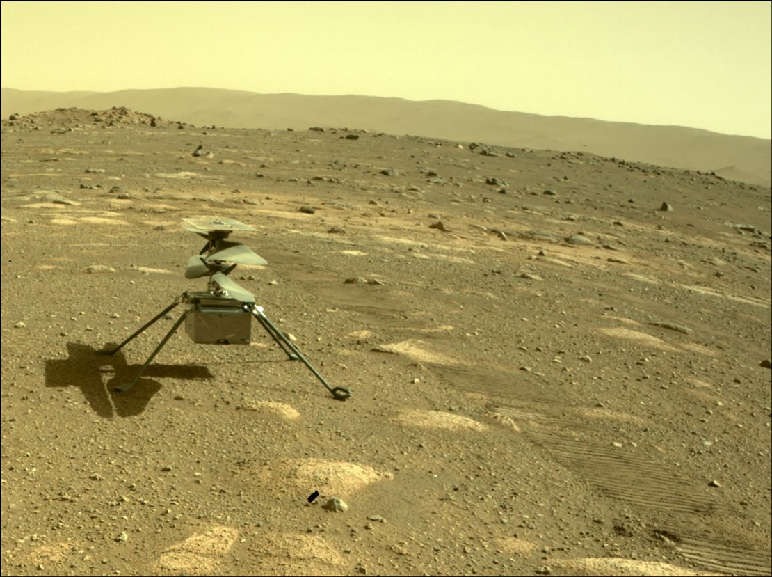 The Ingenuity helicopter can be seen on Mars as viewed by the Perseverance rover on April 4.
