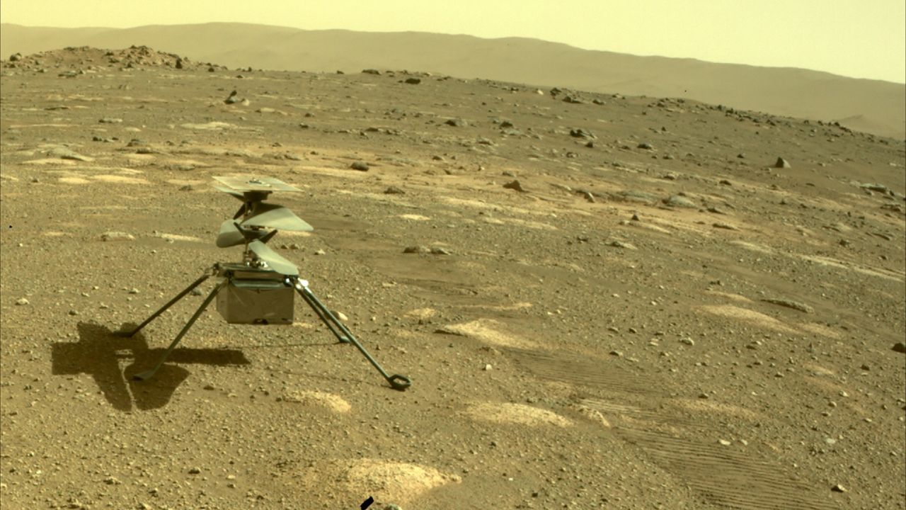 The Ingenuity helicopter can be seen on Mars as viewed by the Perseverance rover on April 4.