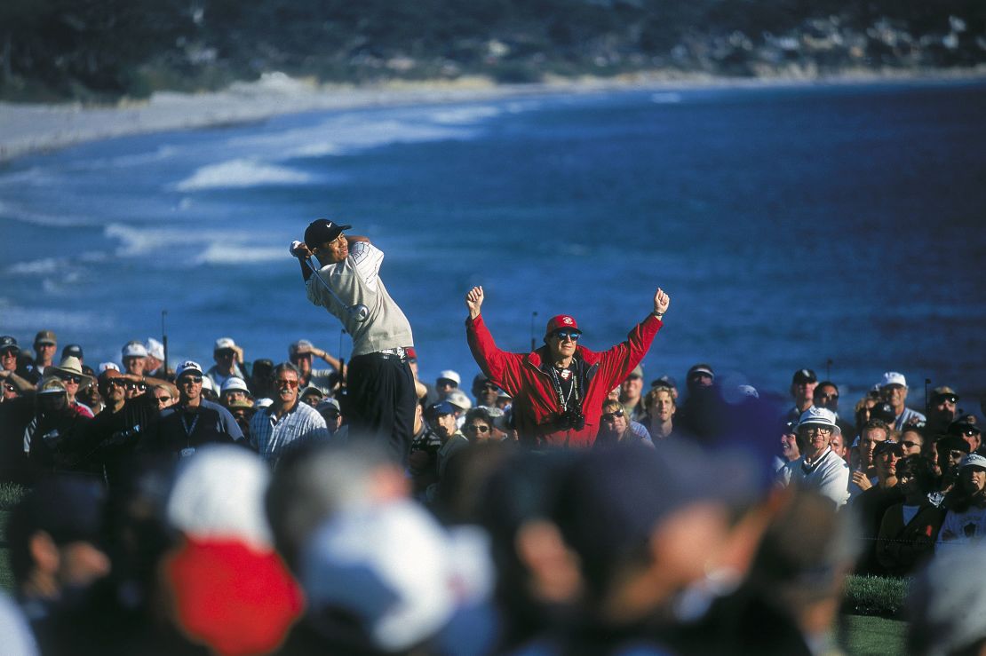 Woods' tee shot on the 14th hole at Pebble Beach golf course during the U.S. Open.