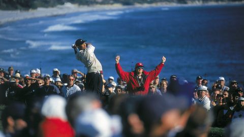 Woods' tee shot on the 14th hole at Pebble Beach golf course during the U.S. Open.