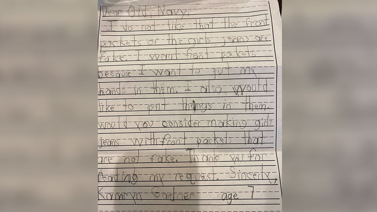 First-grader Kamryn Gardner wrote to Old Navy that she wanted jeans with real pockets to "put my hands in them" and "put things in them."