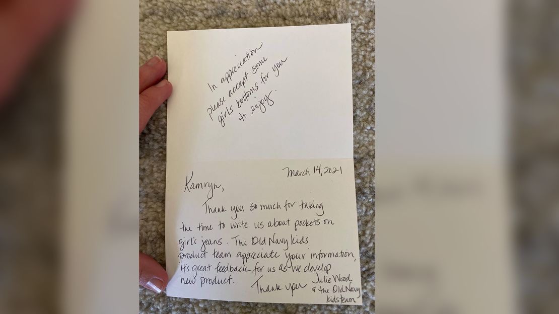 Old Navy responded to first grader's letter and sent her four pairs of bottoms with real pockets, according to Evening Star Elementary's Facebook post.