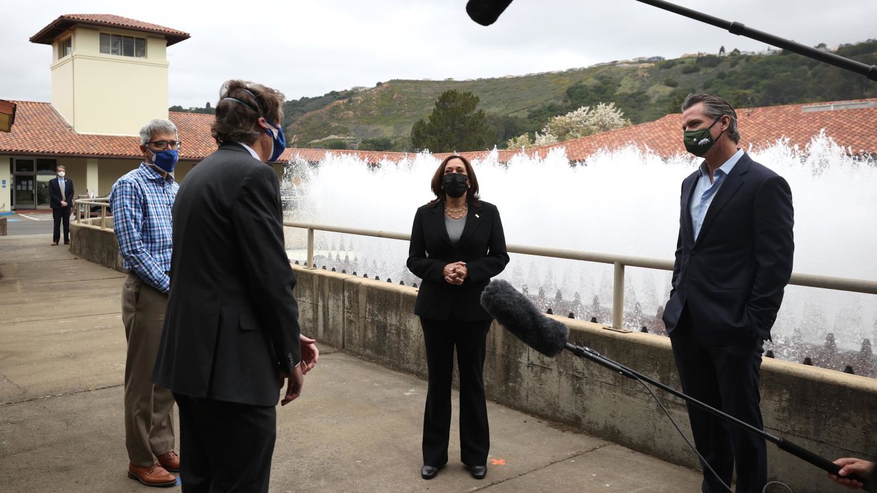 U.S. Vice President Kamala Harris (C) and California Gov. Gavin Newsom (R) tour the Upper San Leandro Water Treatment Plant on April 5, 2021 in Oakland, California. Vice President Harris is visiting the San Francisco Bay Area where she will focus on infrastructure and small businesses that are addressed in the president's $2.3 trillion infrastructure plan. 