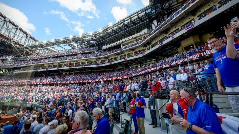 A view of the crowd and the fans and the stands during the playing of the Canadian and USA national anthems before the game between the Texas Rangers and the Toronto Blue Jays at Globe Life Field. 