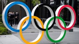 This picture shows the Olympic Rings outside the Japan Olympic Museum in Tokyo on March 22, 2021. (Photo by Charly TRIBALLEAU / AFP) (Photo by CHARLY TRIBALLEAU/AFP via Getty Images)