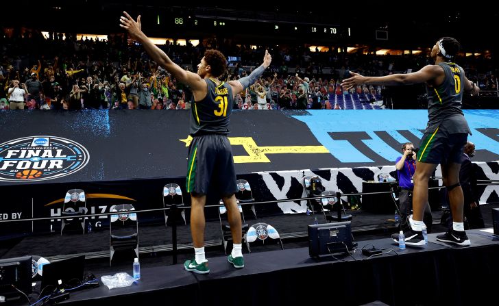 Baylor's MaCio Teague, left, and Flo Thamba celebrate after the Bears defeated Gonzaga in Monday night's NCAA title game.