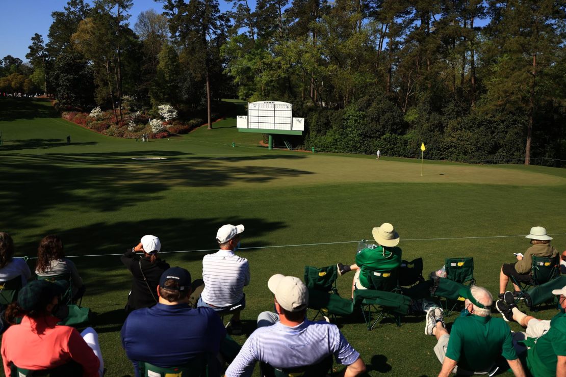 Patrons look on at the sixth green during a practice round prior to this year's Masters. 