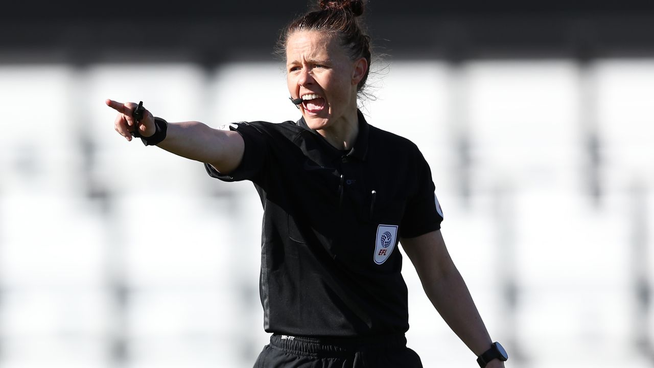 HARROGATE, ENGLAND - APRIL 05: Match referee Rebecca Welch gestures during the Sky Bet League Two match between Harrogate Town and Port Vale at The EnviroVent Stadium on April 05, 2021 in Harrogate, England. Sporting stadiums around the UK remain under strict restrictions due to the Coronavirus Pandemic as Government social distancing laws prohibit fans inside venues resulting in games being played behind closed doors. (Photo by George Wood/Getty Images)