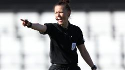 HARROGATE, ENGLAND - APRIL 05: Match referee Rebecca Welch gestures during the Sky Bet League Two match between Harrogate Town and Port Vale at The EnviroVent Stadium on April 05, 2021 in Harrogate, England. Sporting stadiums around the UK remain under strict restrictions due to the Coronavirus Pandemic as Government social distancing laws prohibit fans inside venues resulting in games being played behind closed doors. (Photo by George Wood/Getty Images)