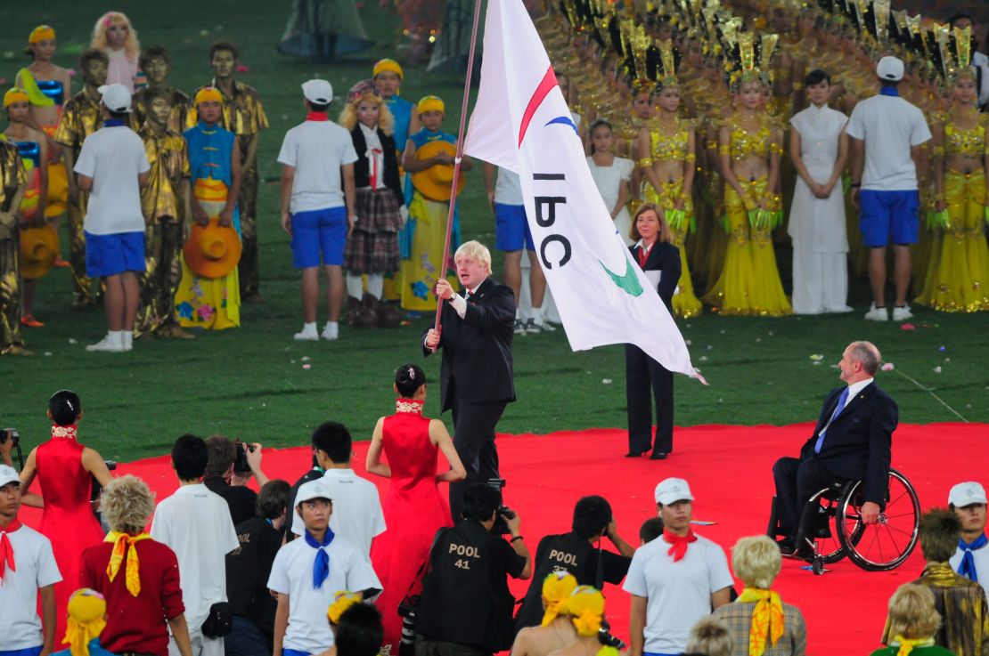 Boris Johnson accepts the Paralympic flag during the Paralympics closing ceremony in Beijing in September 2008.