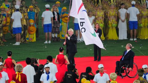 Boris Johnson accepts the Paralympic flag during the  Paralympics closing ceremony in Beijing in September 2008. 