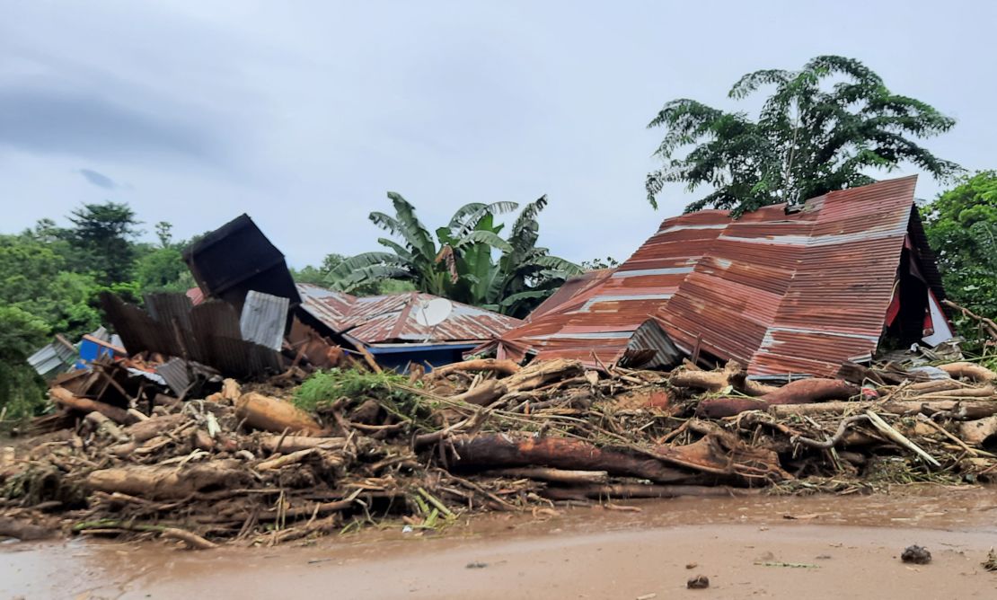 Homes damaged by flash floods in Waiwearng village, East Flores, Indonesia, on April 5.